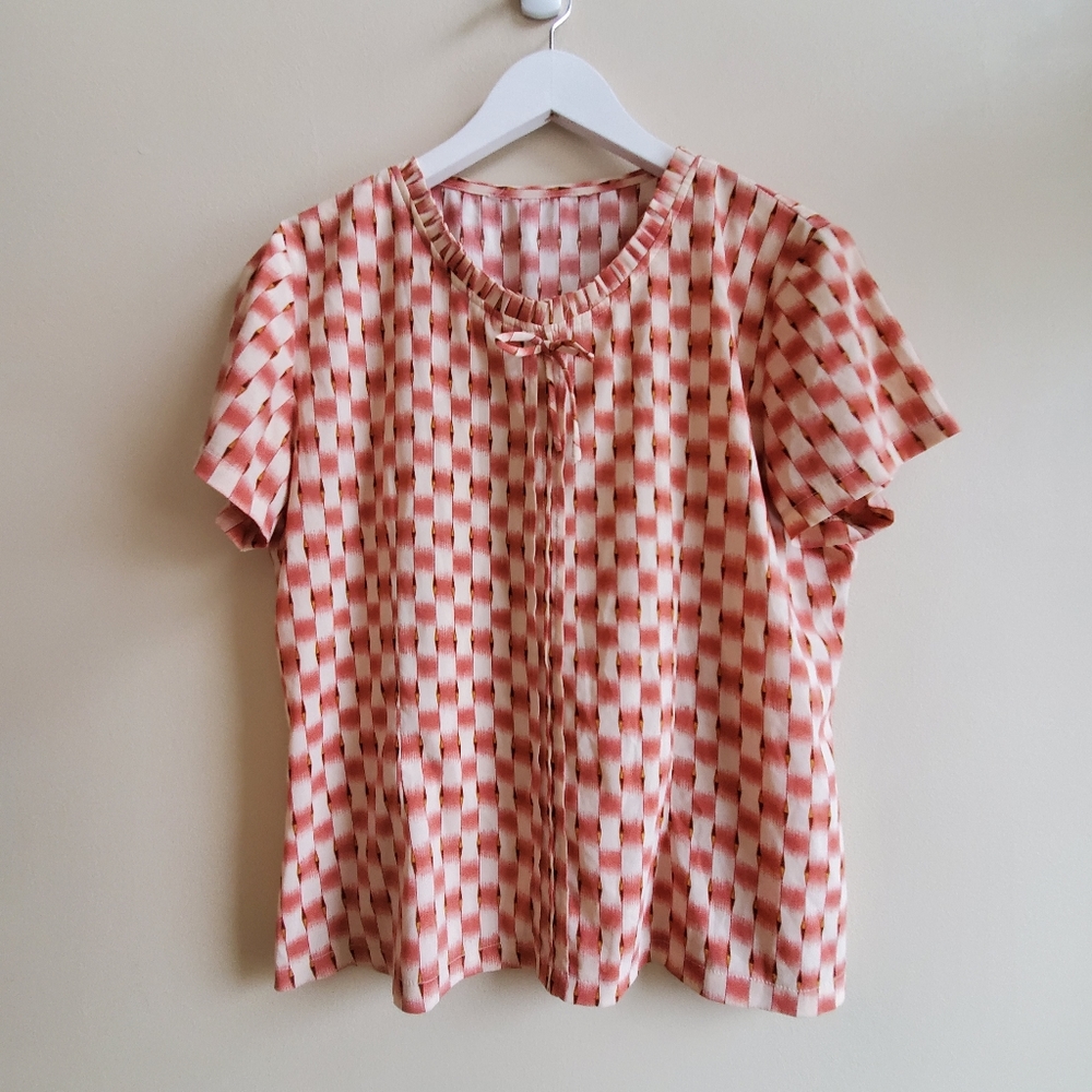 Vintage adorable blouse geometric pattern with little bow L